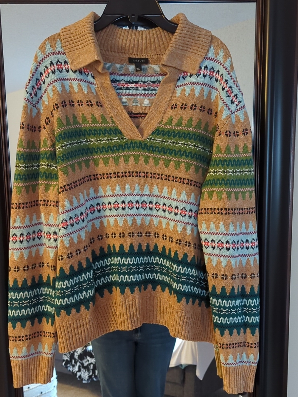 Talbots Camel and Green Multi-Stripe V-Neck Collared Sweater
